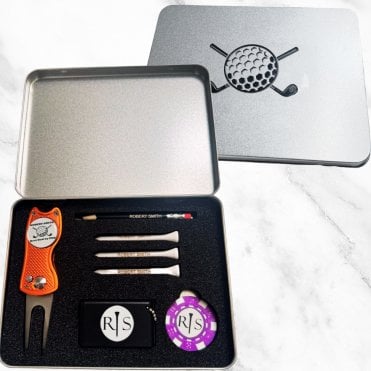Personalised Custom Golf Gift Set Tin - Tees, pitch repair, poker chip, ball marker - Medium