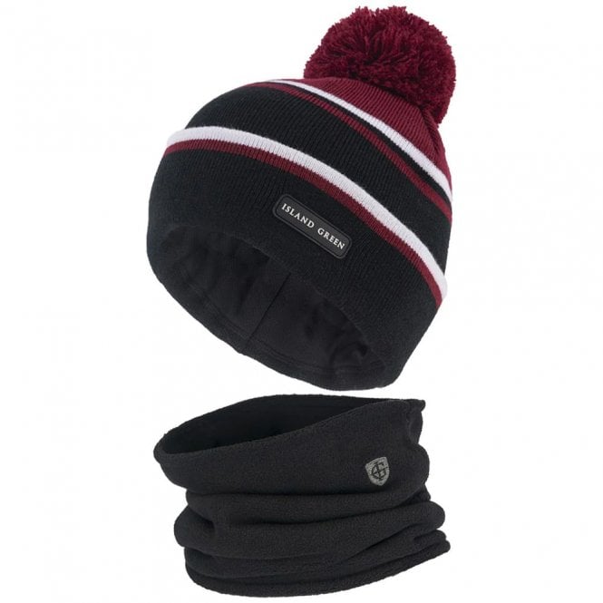 Island Green  Knitted Hat and Neck Warmer Box Set - Black/Red