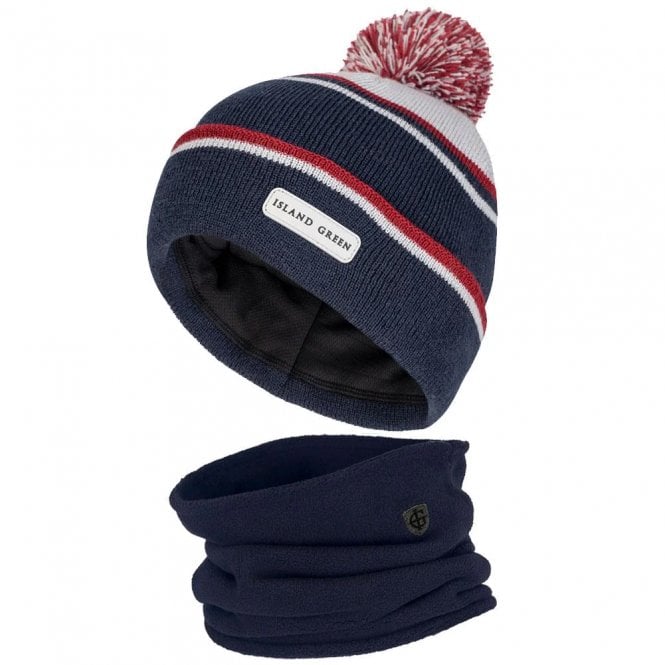 Island Green  Knitted Hat and Neck Warmer Box Set - Navy/Grey